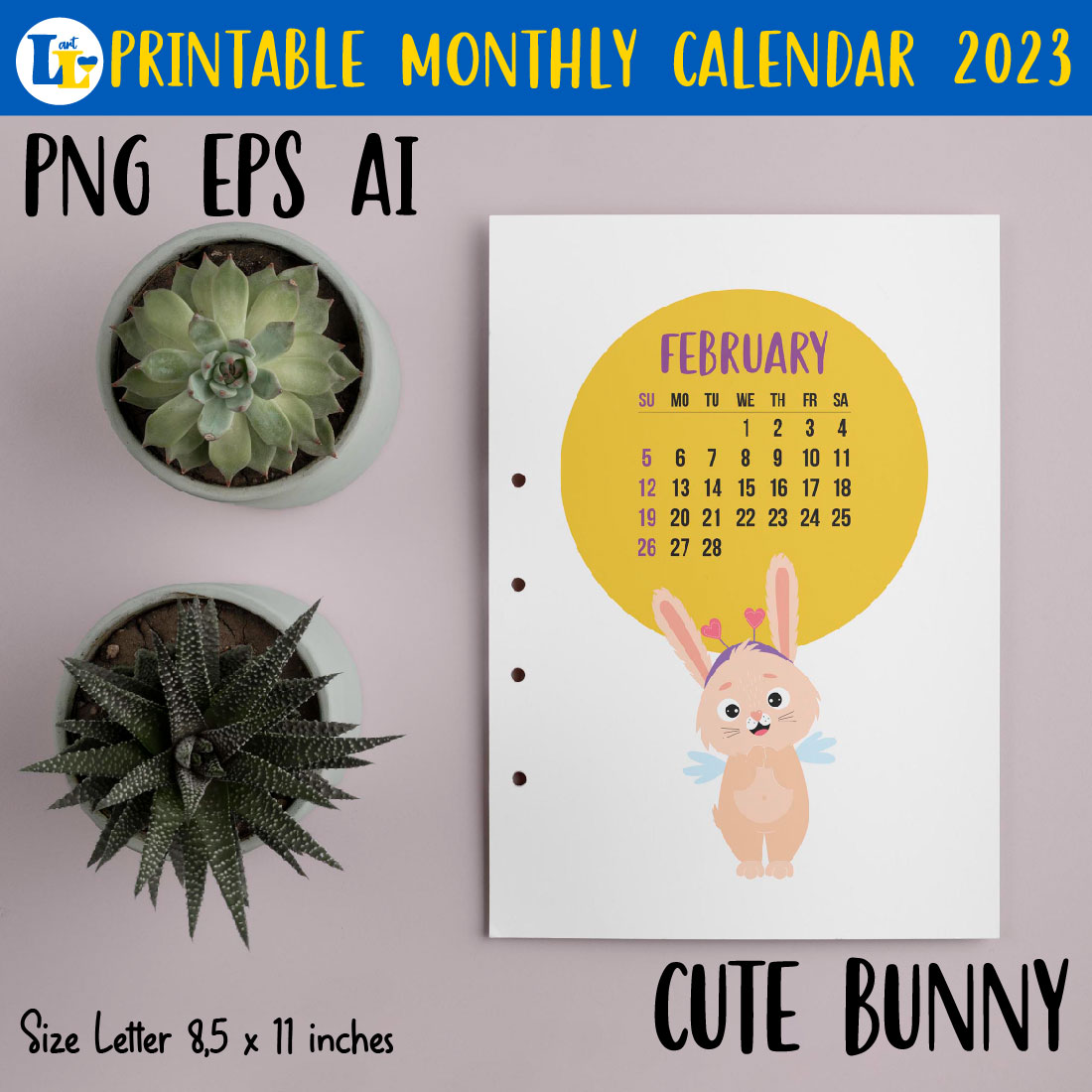 Printable Calendar 2023 with Cute Bunny previews.