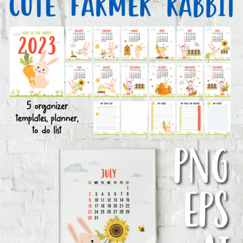 Printable Farm monthly Calendar 2023 templates planner. Cute rabbit ...