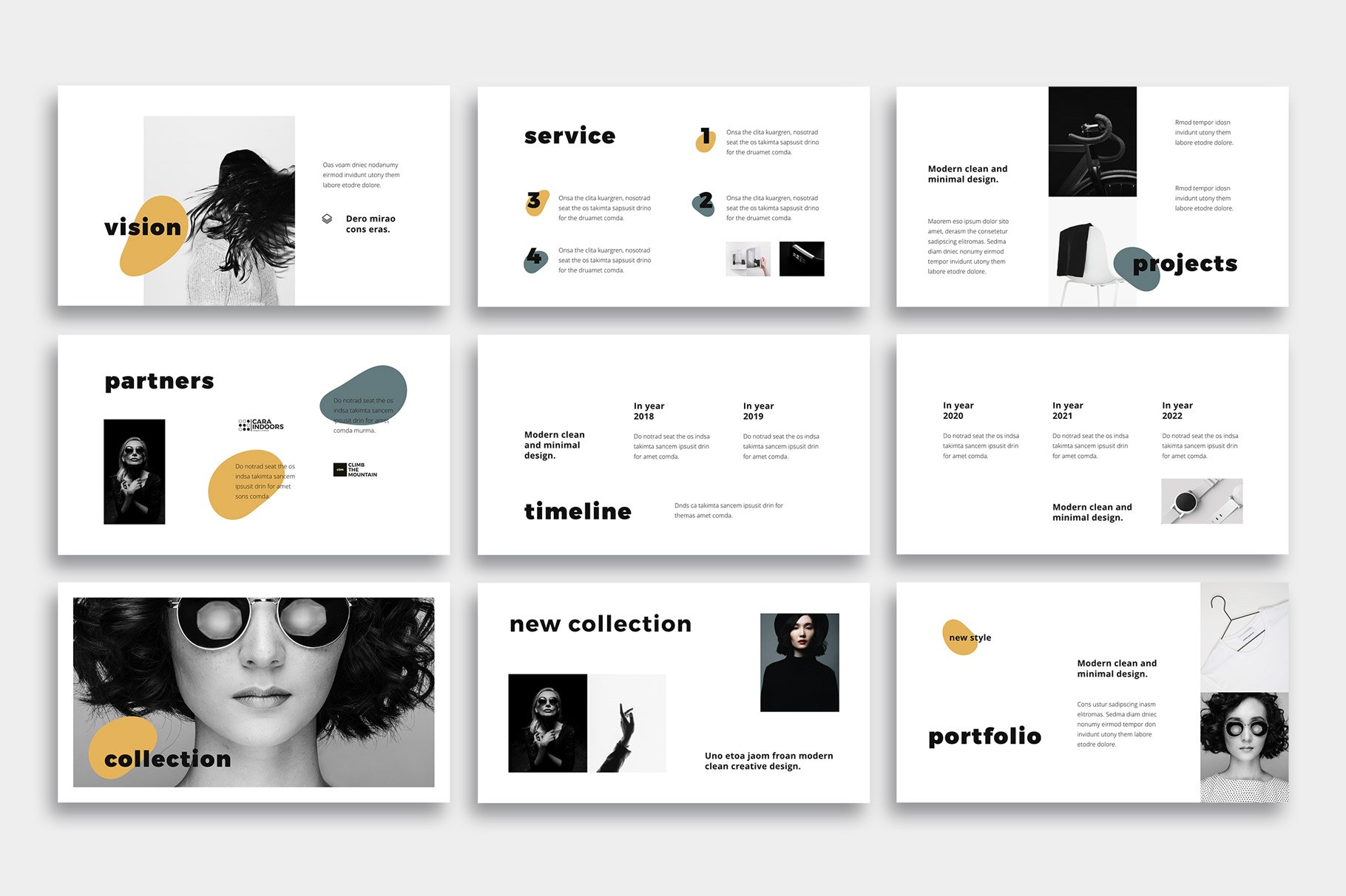 Black and white template with yellow geometric shapes for modern topics.