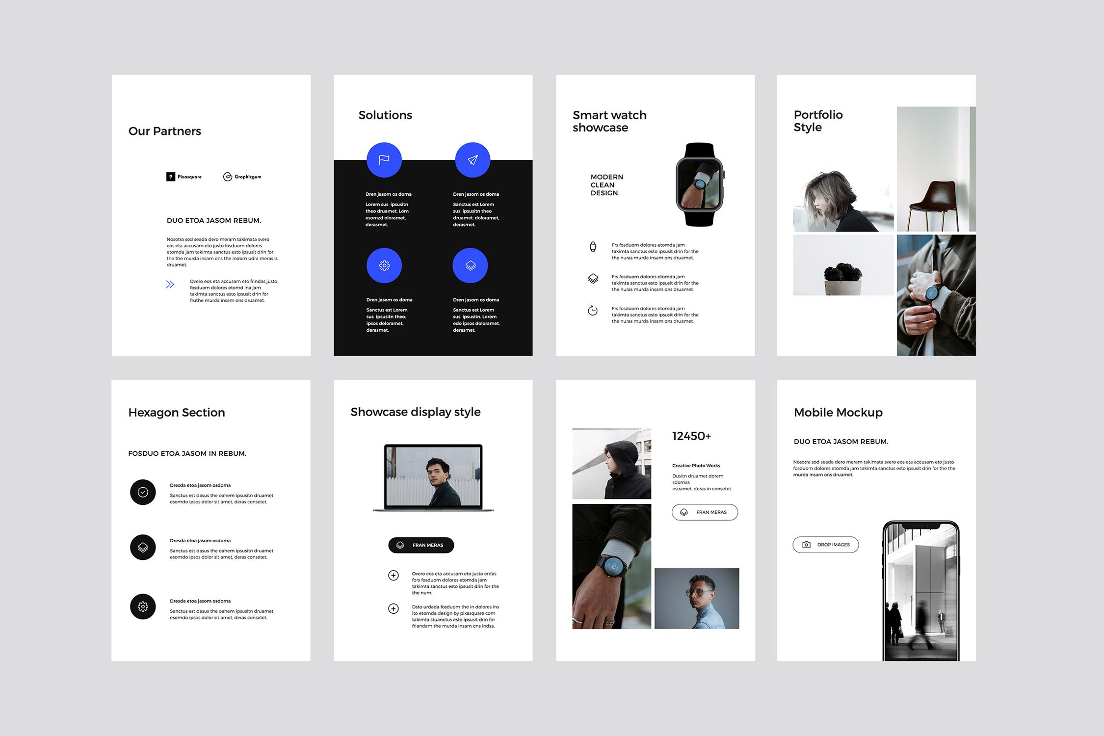 Dark sections with bright blue infographics.