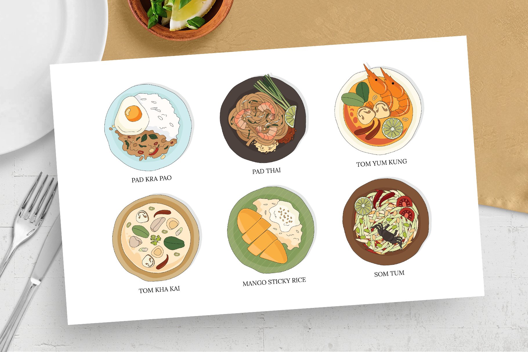 Diverse of classic Thai dishes on a white paper piece.