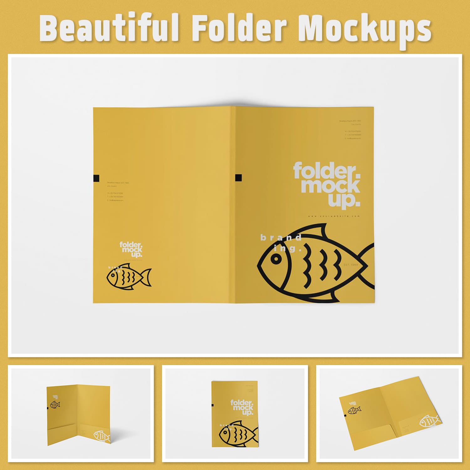 Pack of images of yellow folders with colorful fish.
