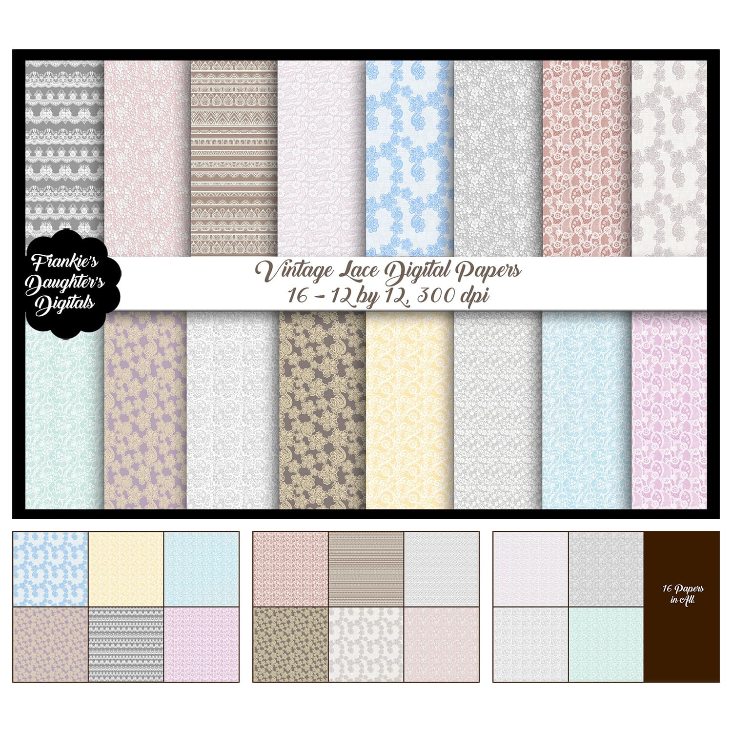 Vintage Lace Digital Papers, Shabby Chic Backgrounds.