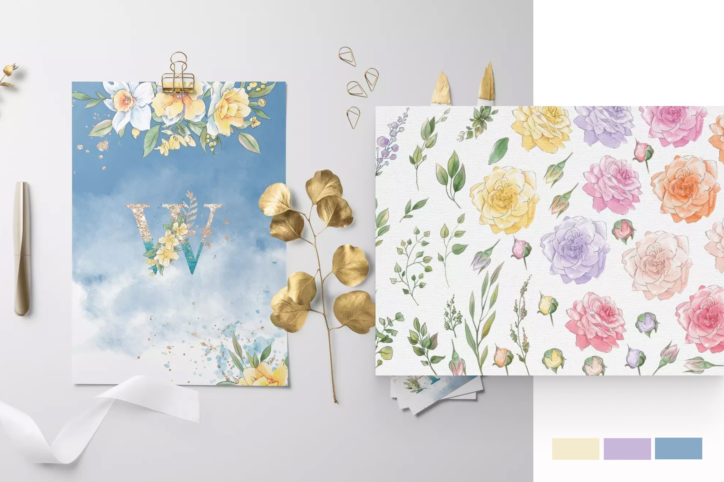 Collage of images of watercolor flowers and sky.