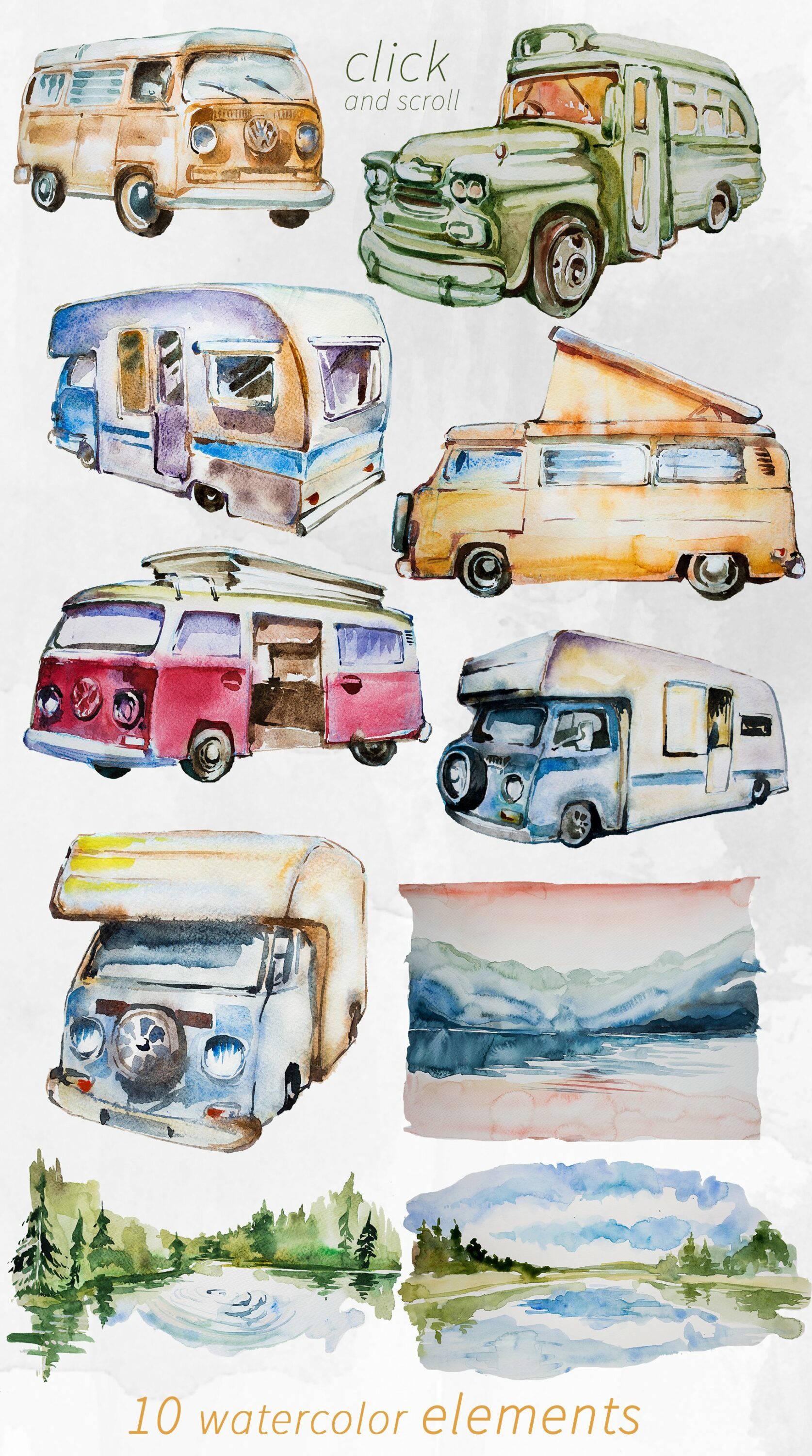 Diverse of colorful watercolor campers.