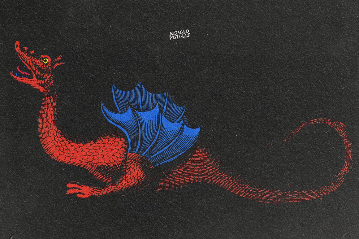 Big red flying dragon on a black background.