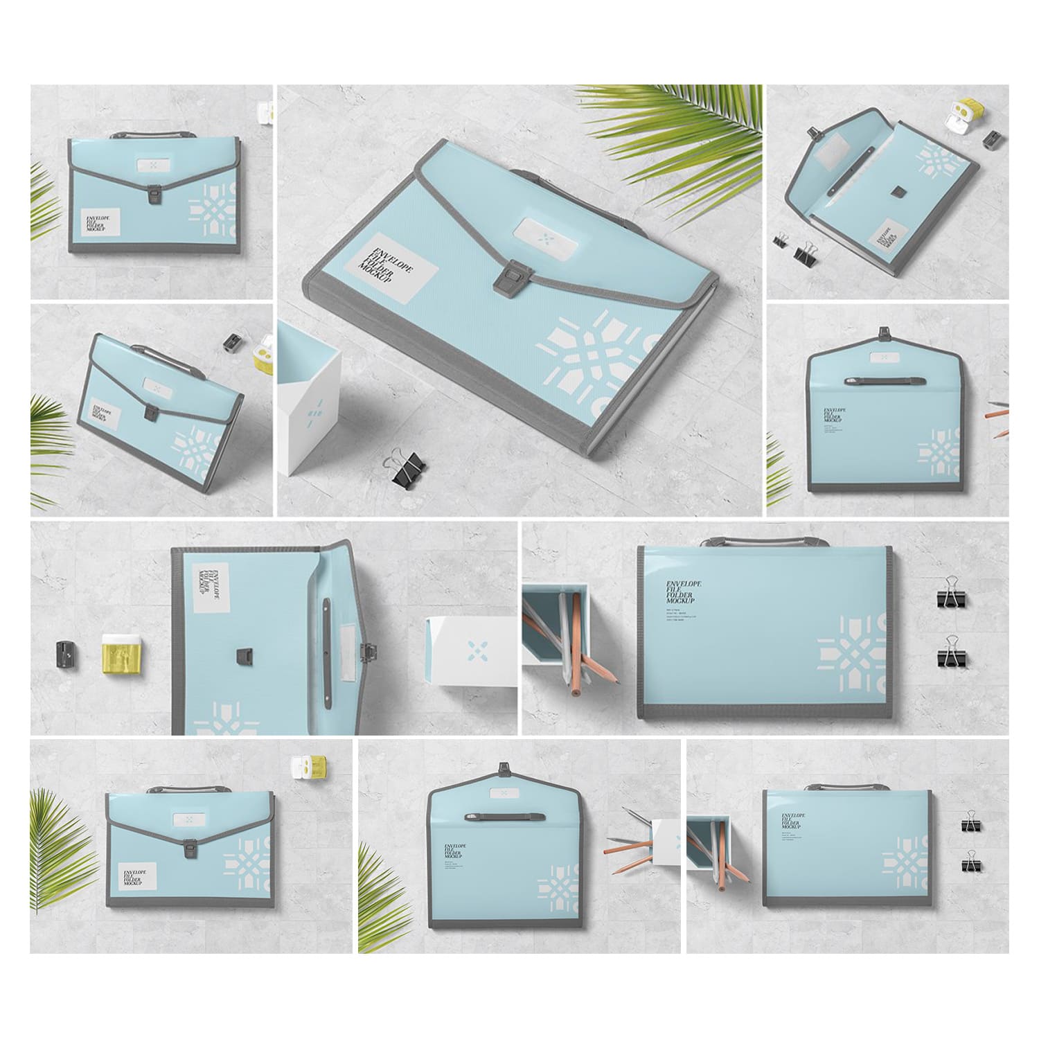 Set of images of envelope files folders with charming designs.