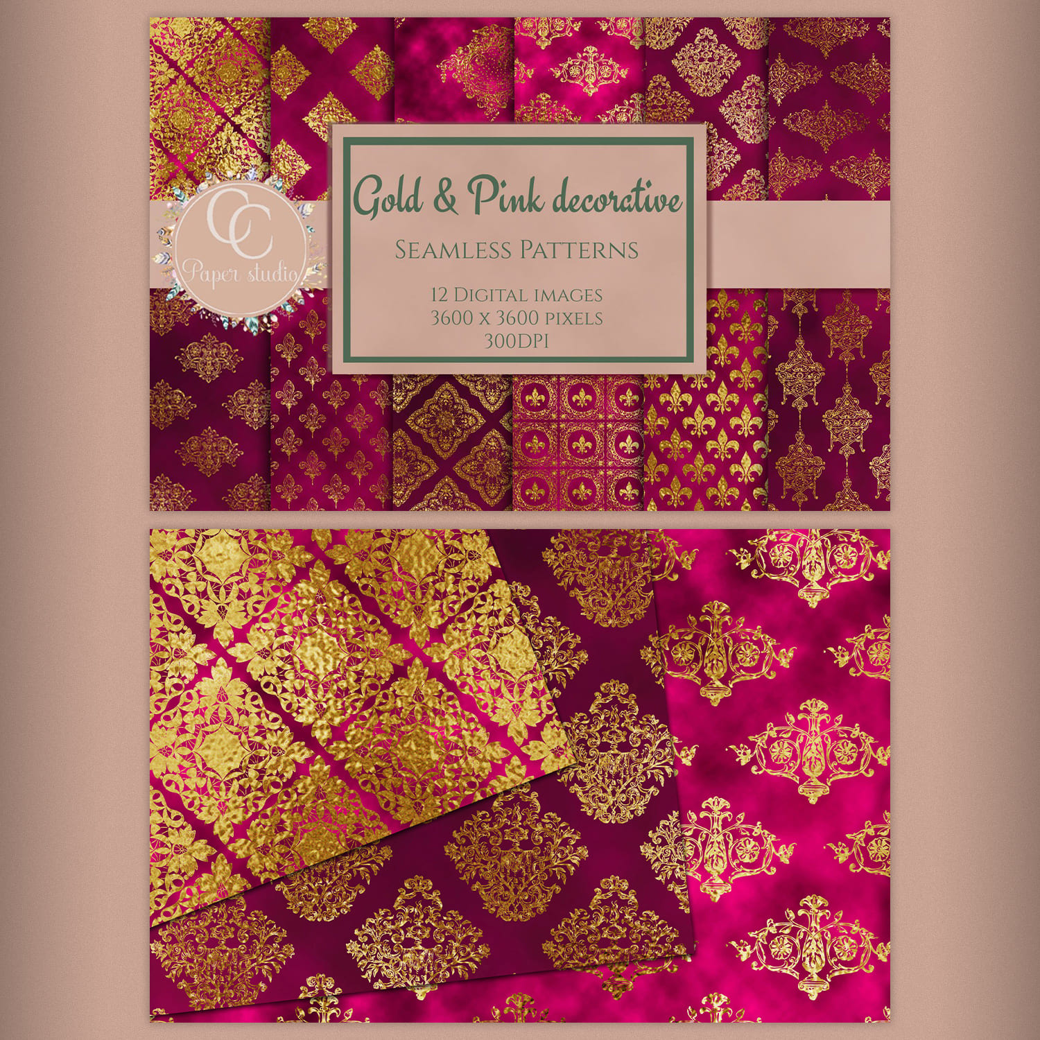 Digital paper - Pink & Gold Damask Cover.