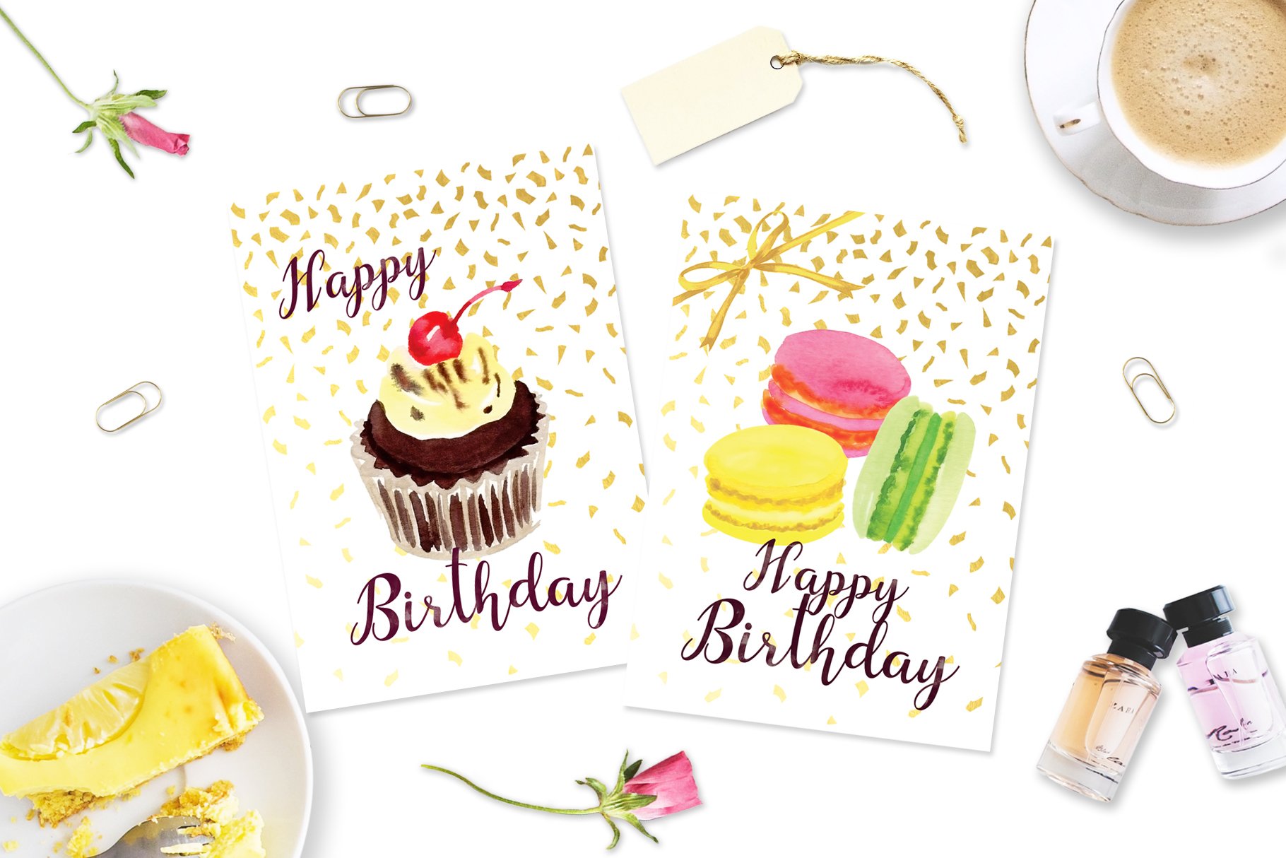 Two greeting cards with different sweets.