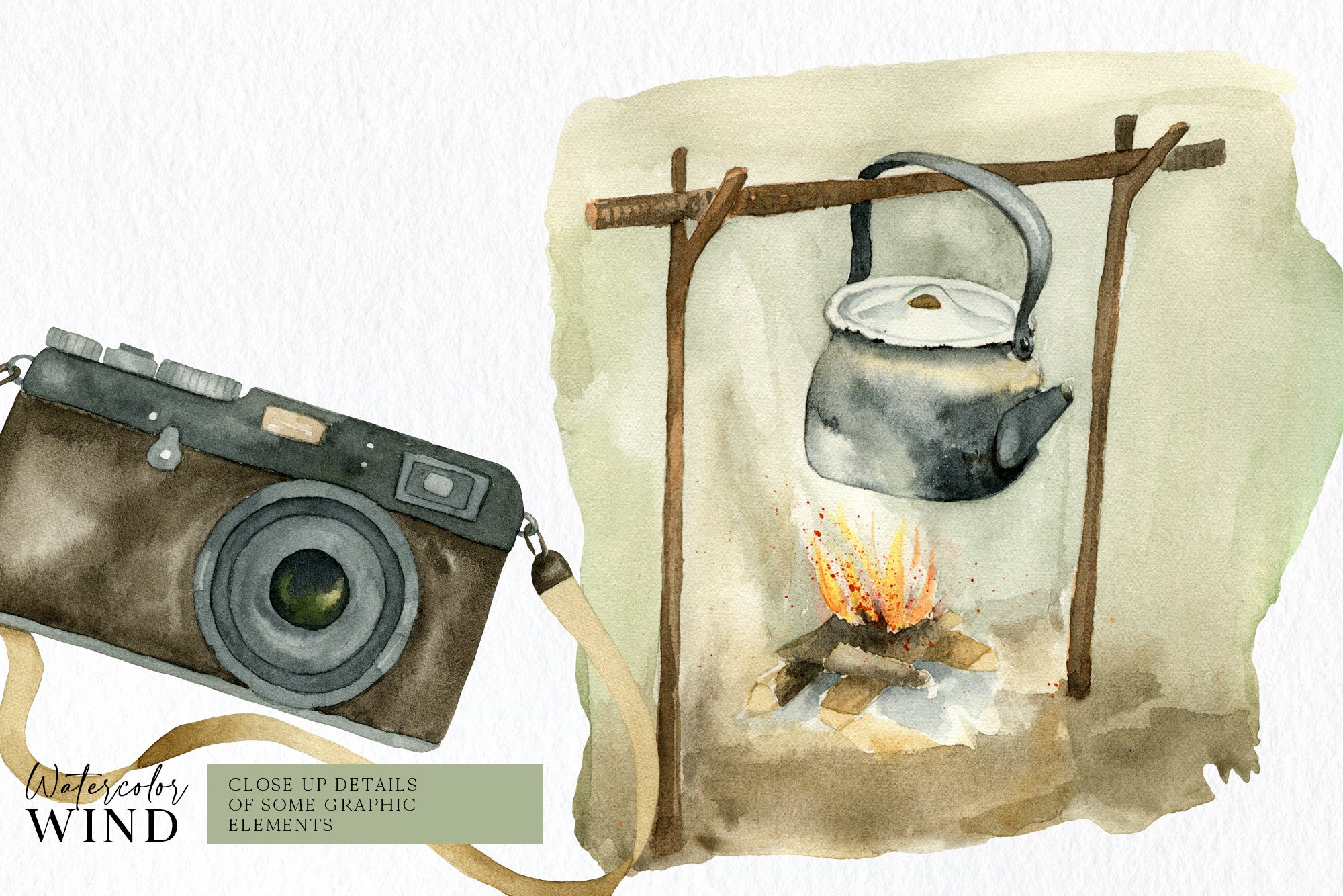 Watercolor olive camping illustration.