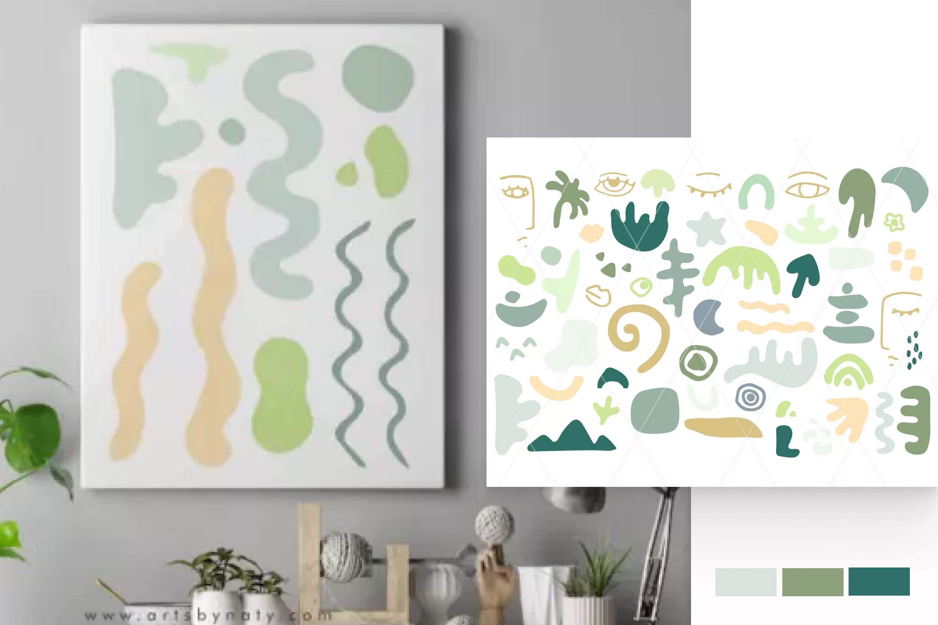 Collage of paintings with abstract geometric shapes in soft colors.