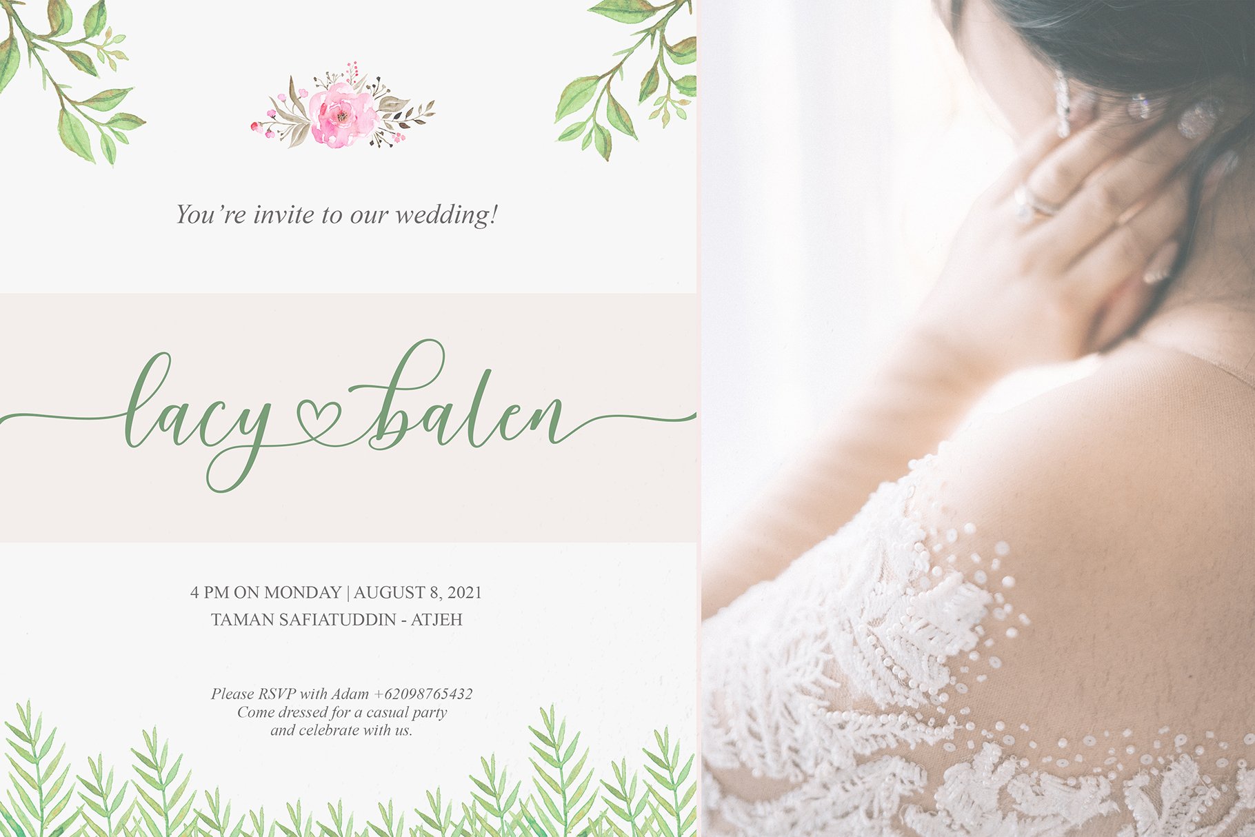 Delicate wedding illustration with a perfect font for describing bride's beauty.