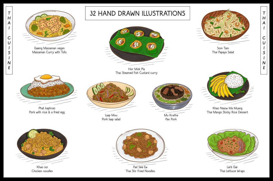 Traditional Thai cuisine in a hand drawn style.