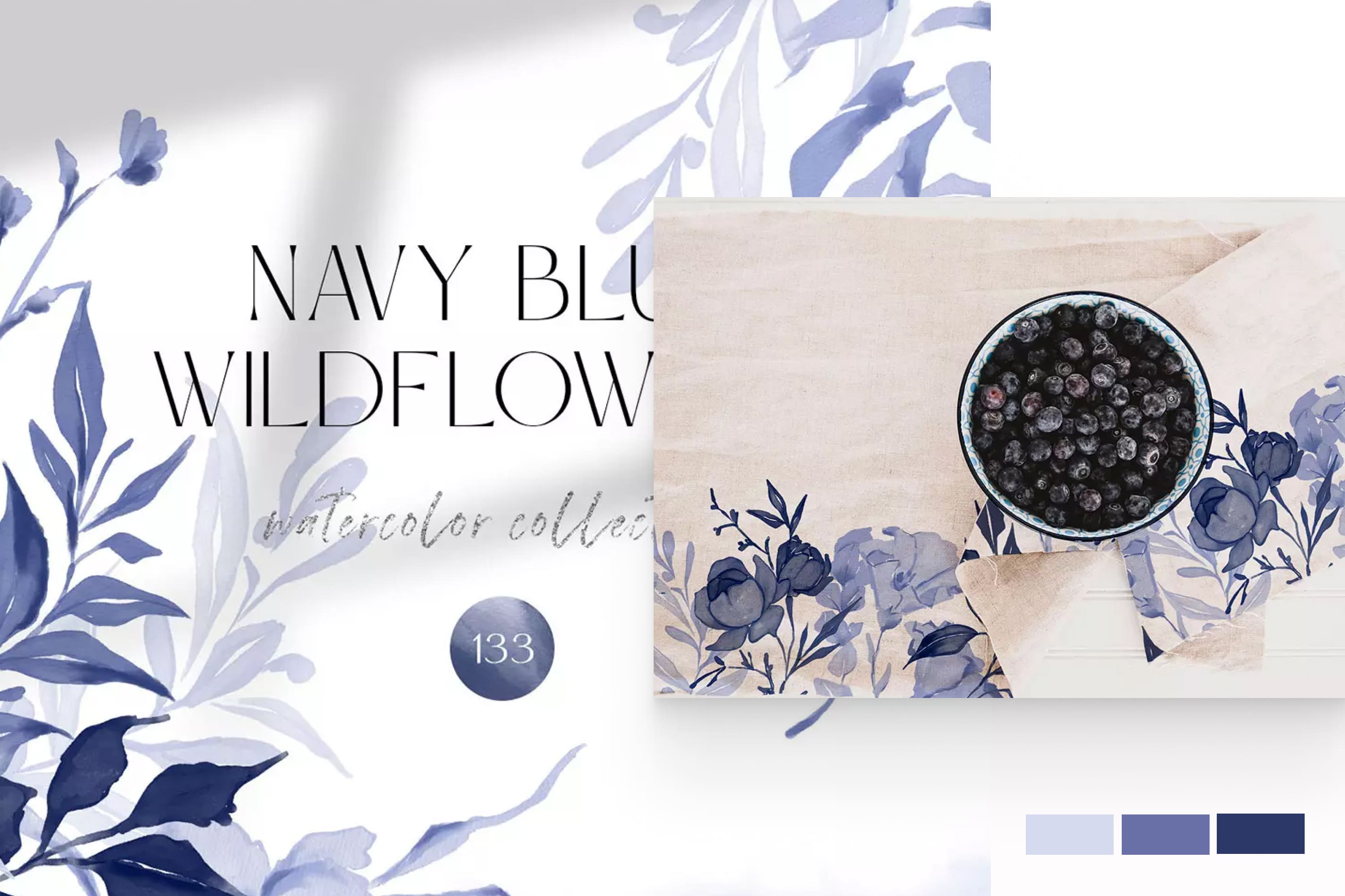 Watercolor painted blue flowers and a bowl of blueberries.