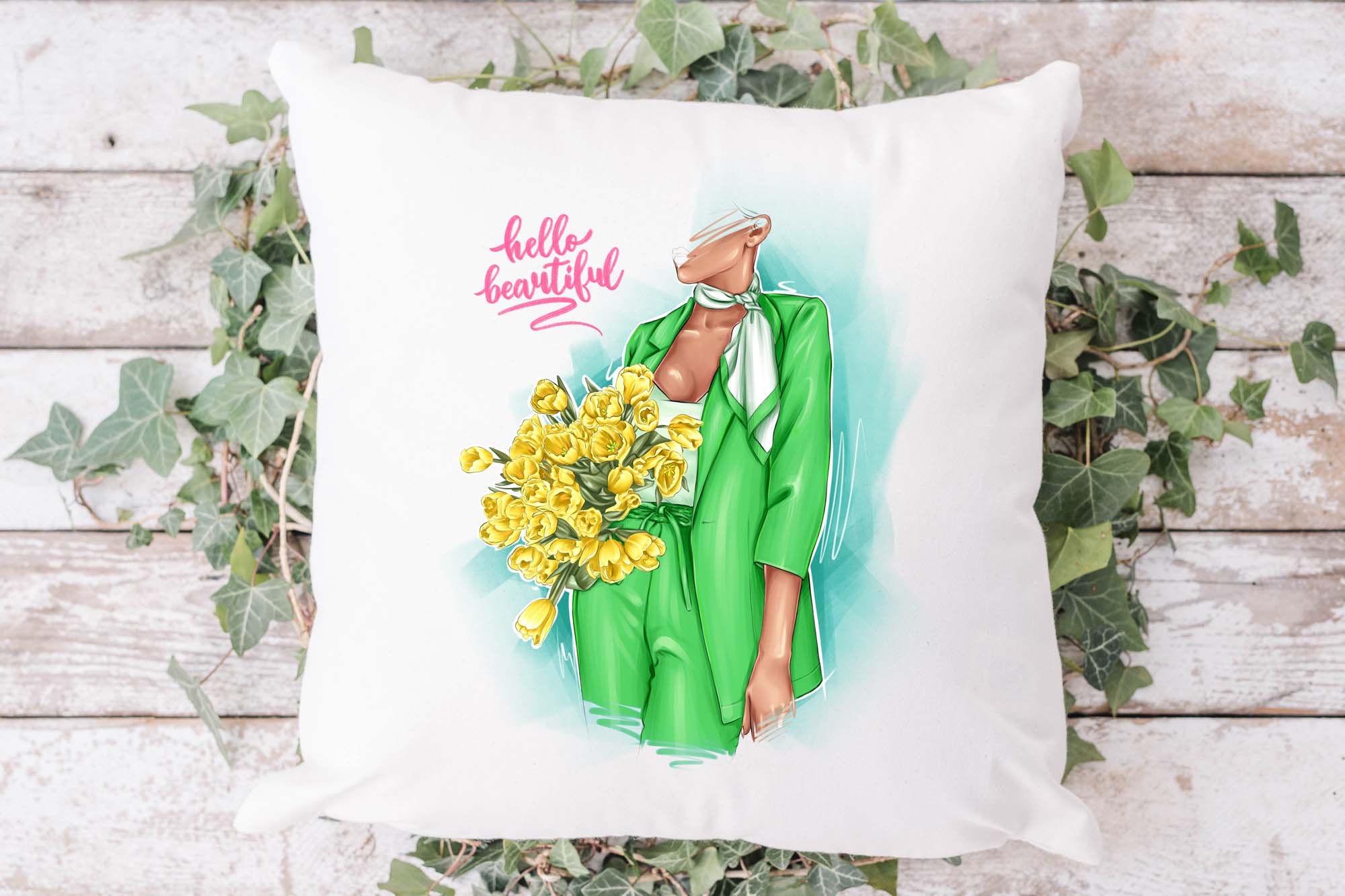 Fashionable Girl with Tulips Clipart pillow mockup