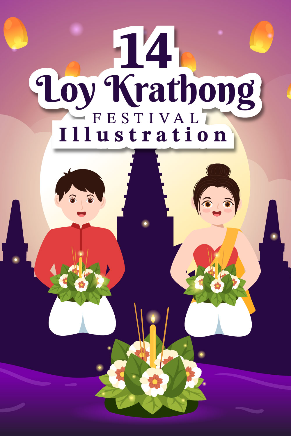 Loy Krathong Festival Illustration Pinterest image.