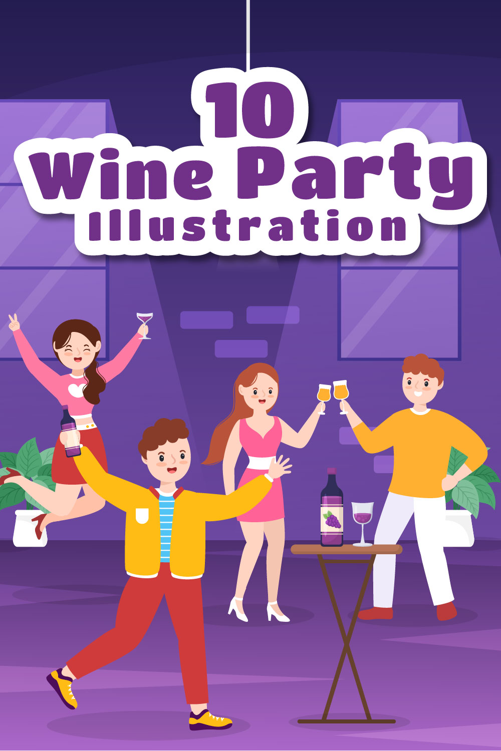 10 Wine Party Flat Illustration pinterest image.