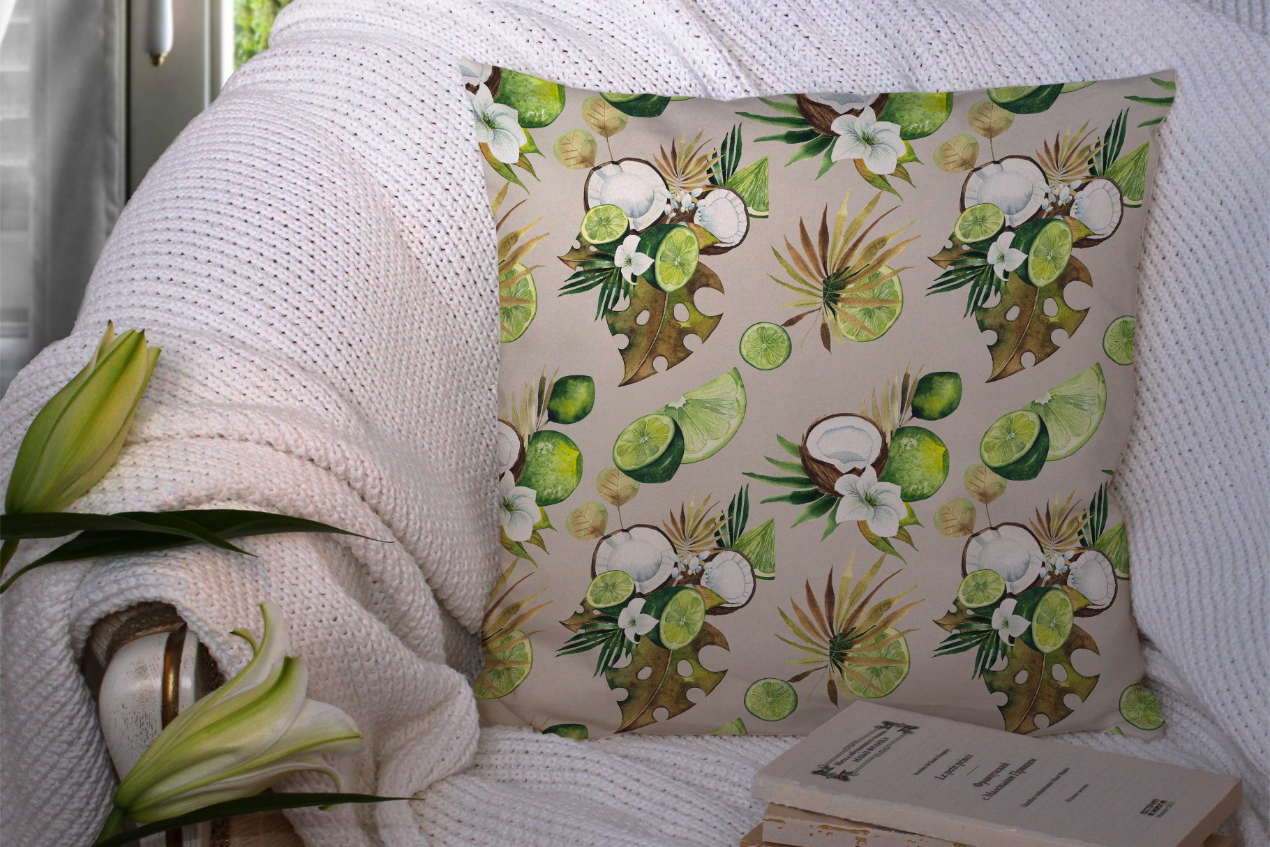 Decorate olive pillow with cute coconuts.