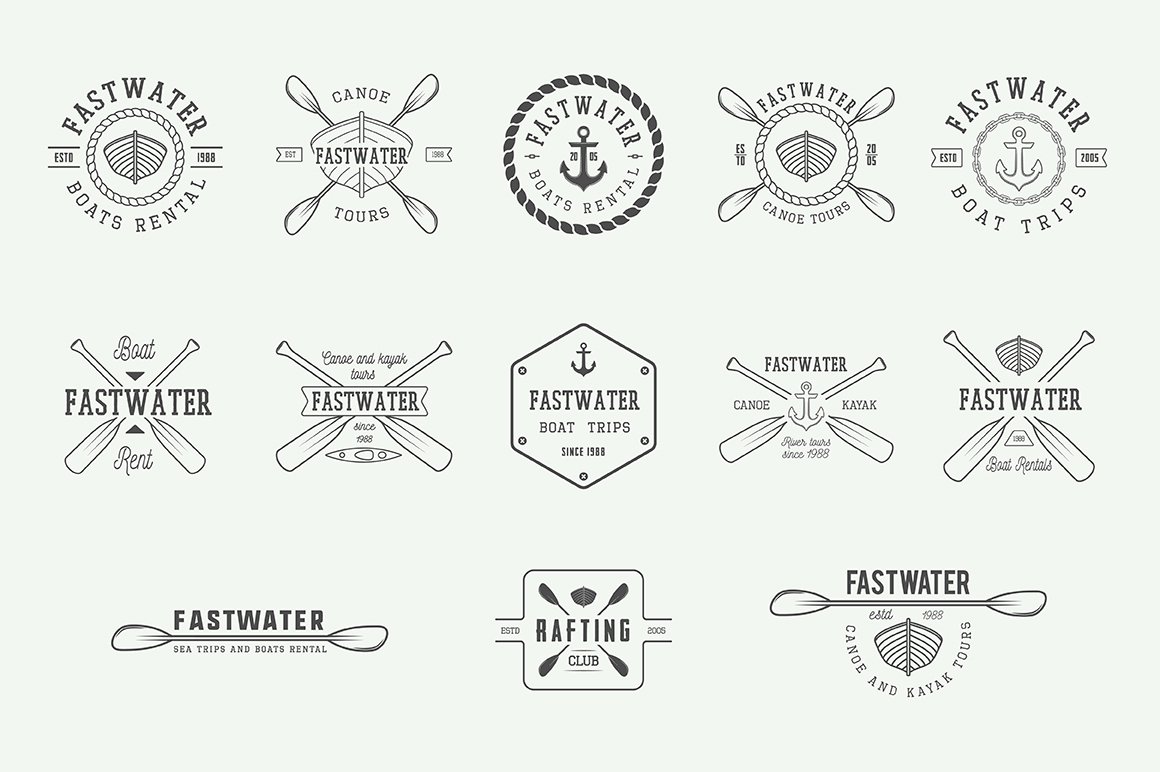 Delicate and thin navy logos in a vintage style.
