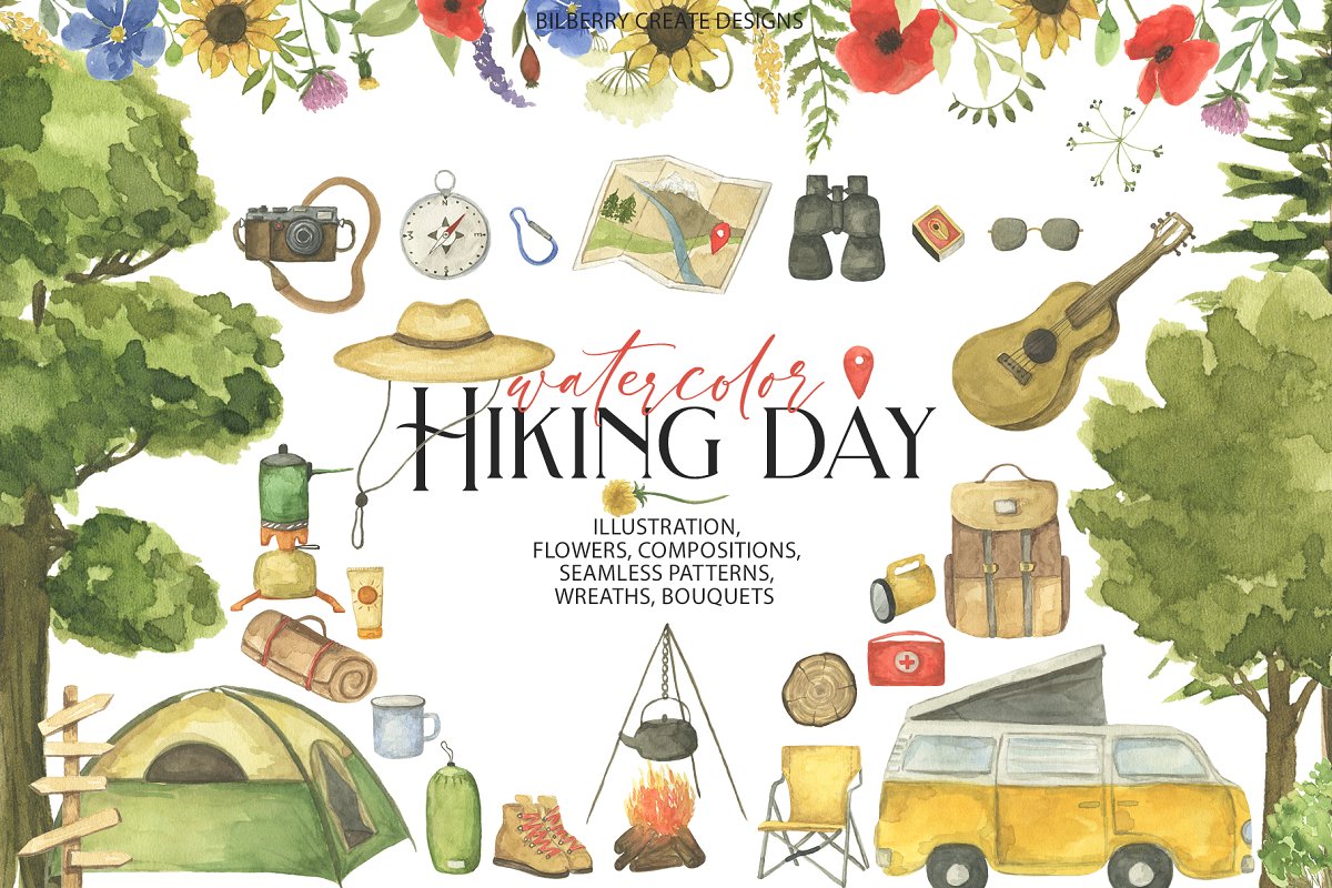 Cover image of Watercolor Hiking Day art set.
