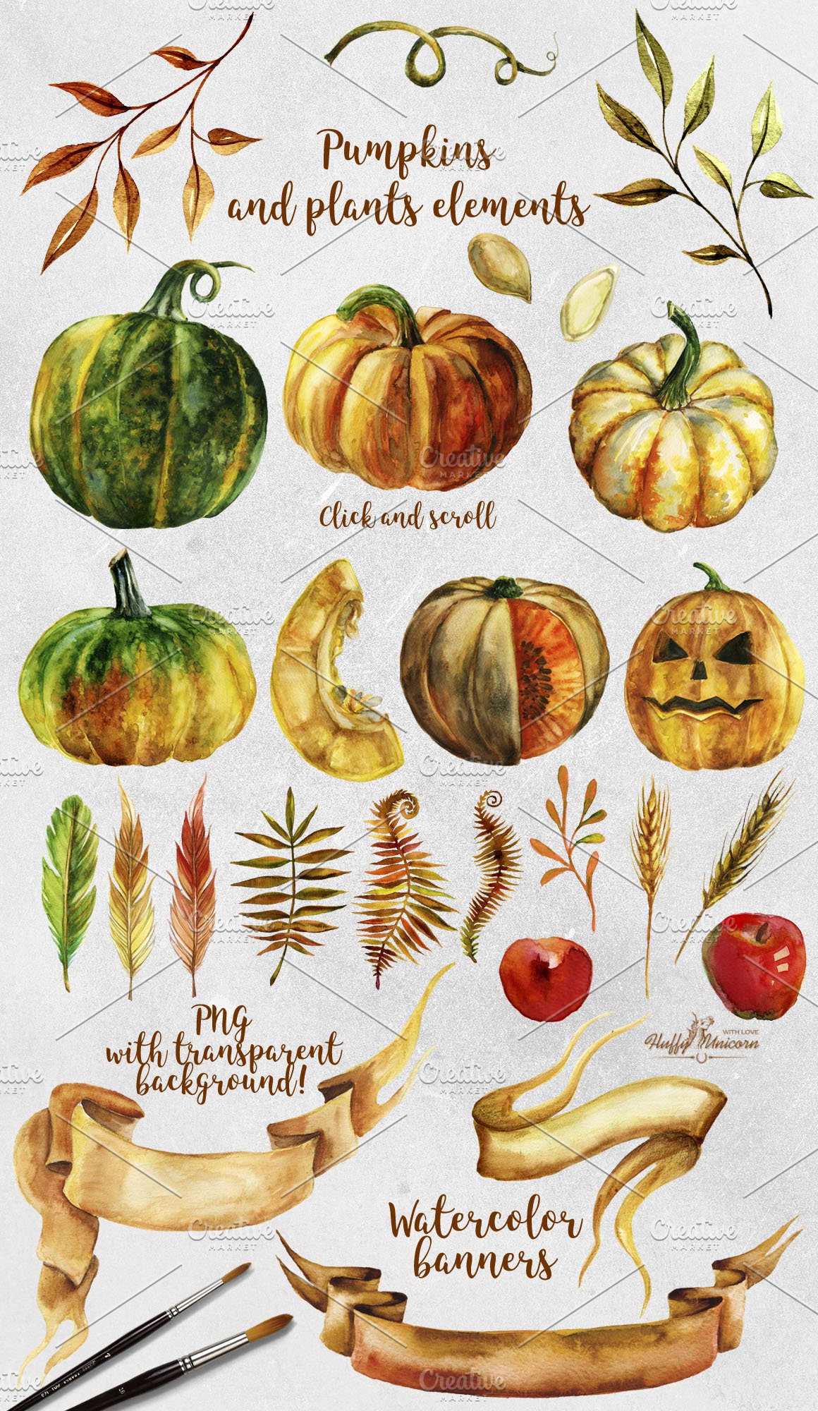 Watercolor autumn set with different elements.