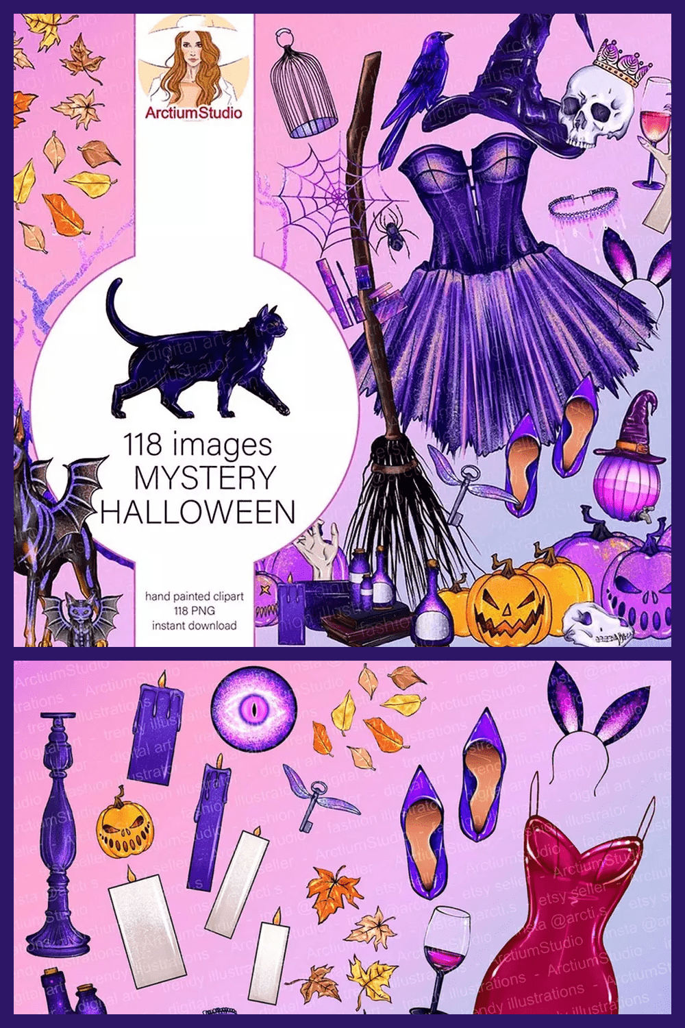 Purple witch dress, broom, cat, pumpkins, candles on a pink background.