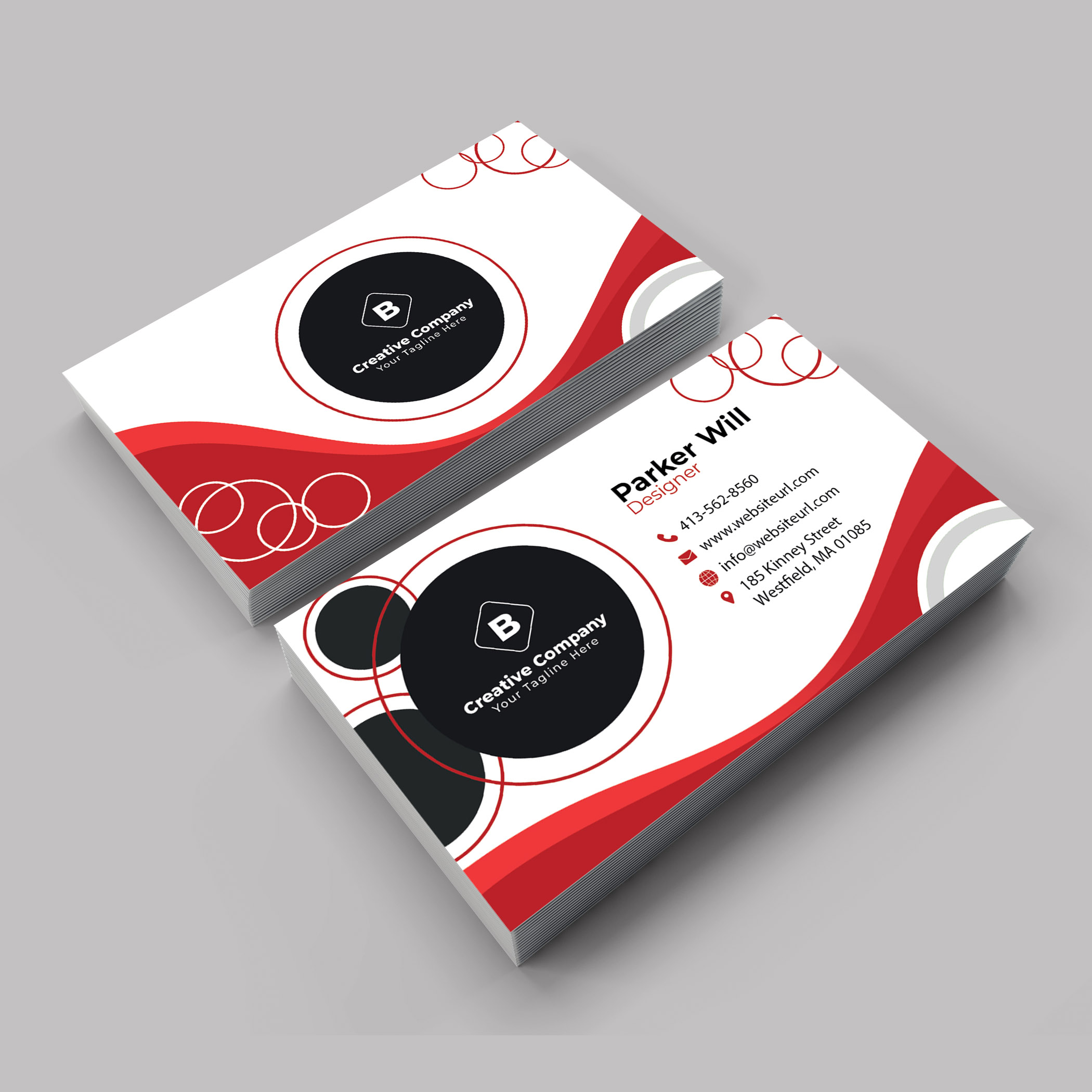 4 Corporate Business Cards Bundle, cards with red design.