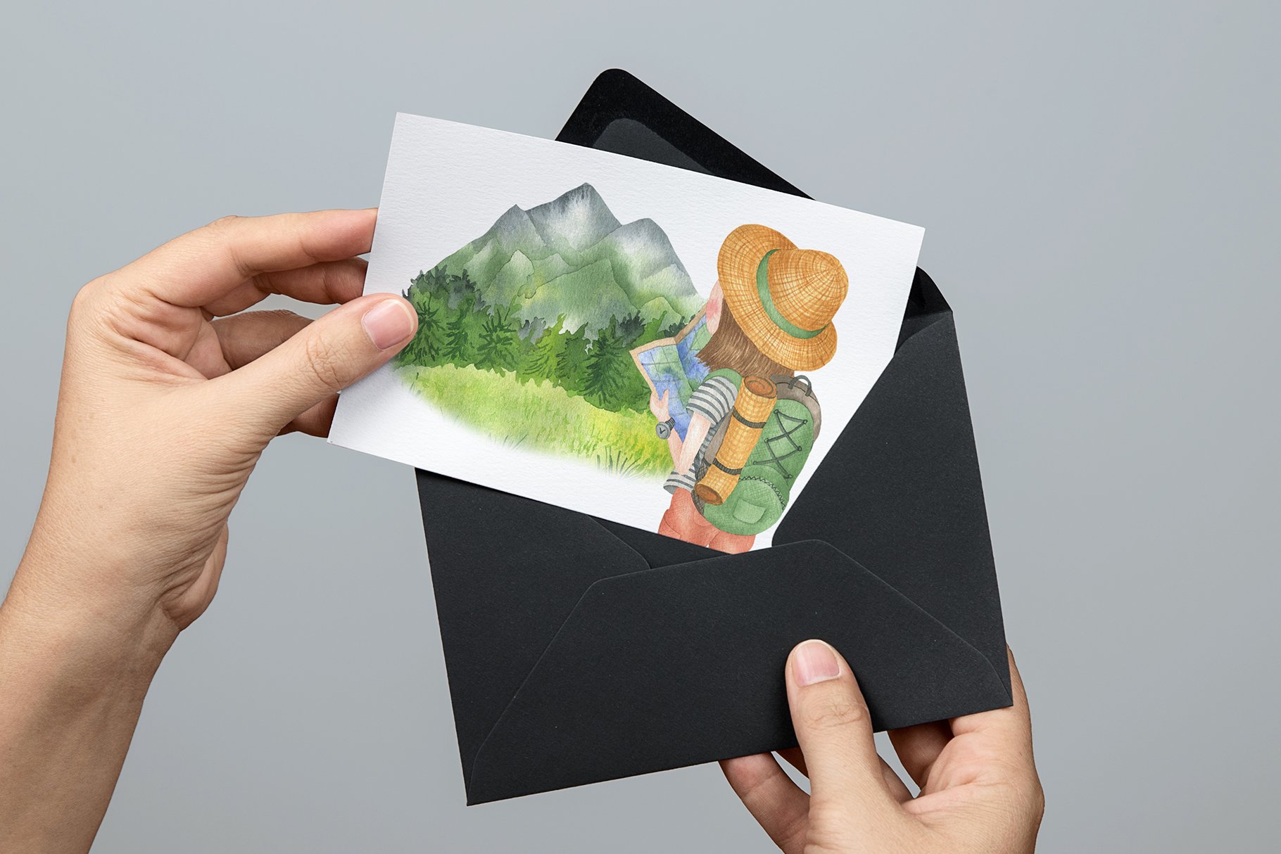 Black envelope and cute camping card.