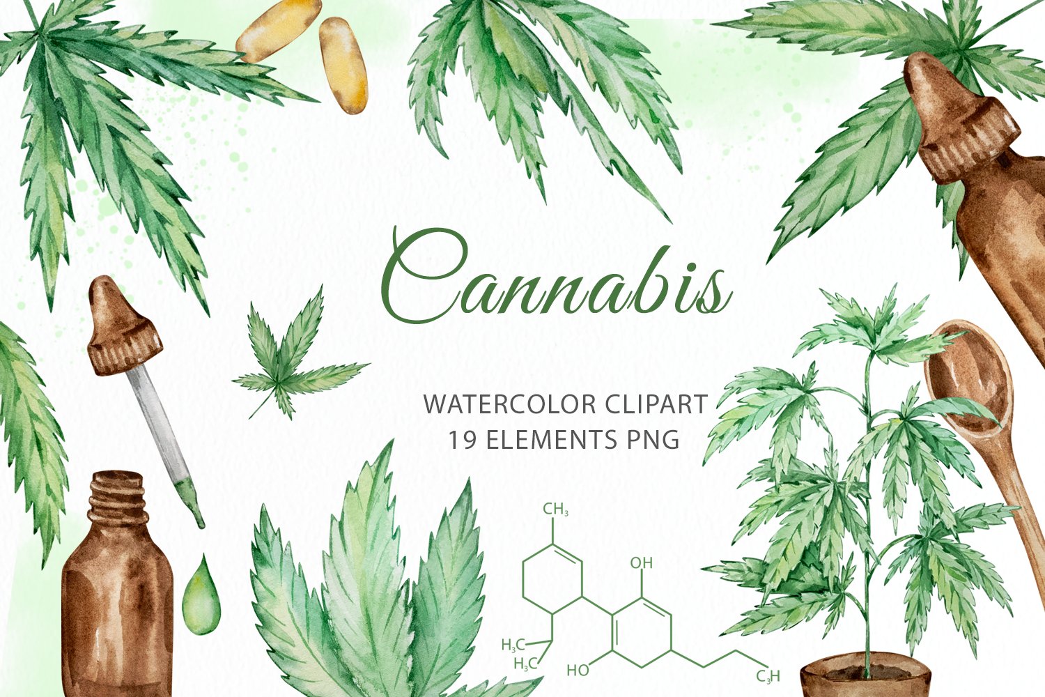Cover image of Watercolor Cannabis Hemp Clipart.