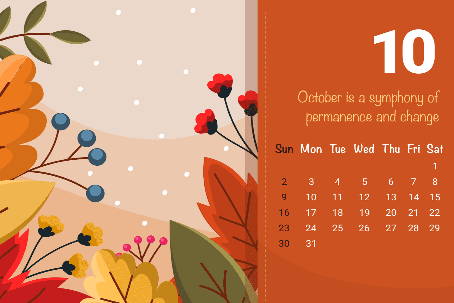 Calendar with orange photo and pattern of flowers and berries.