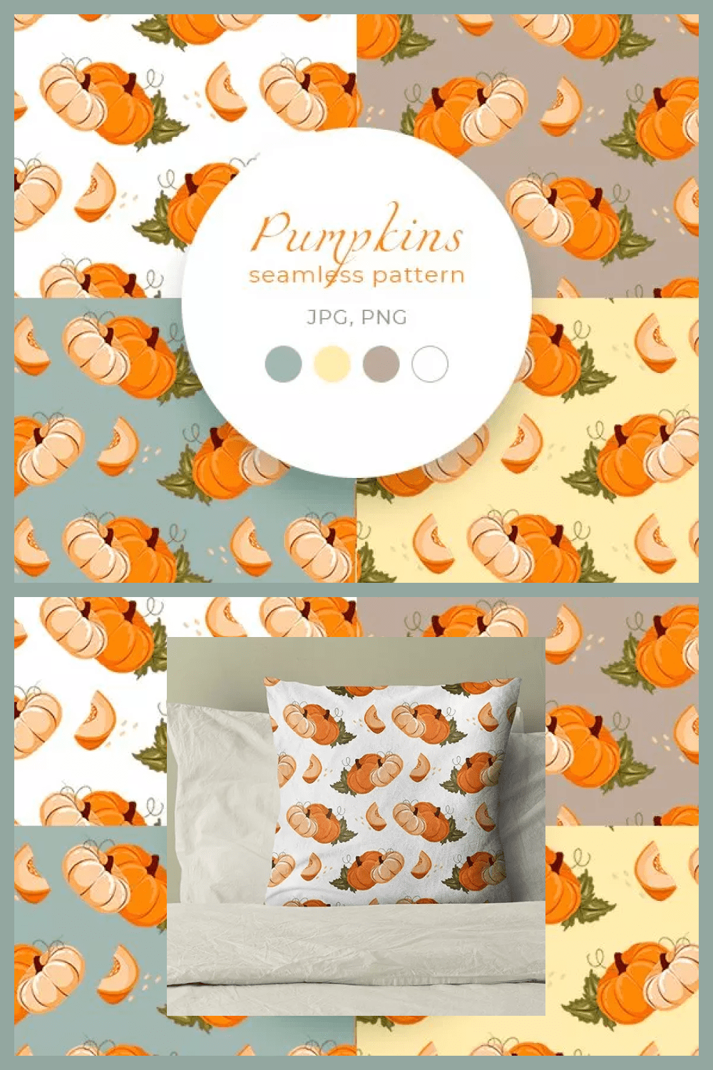 Collage of seamless patterns with pumpkins.
