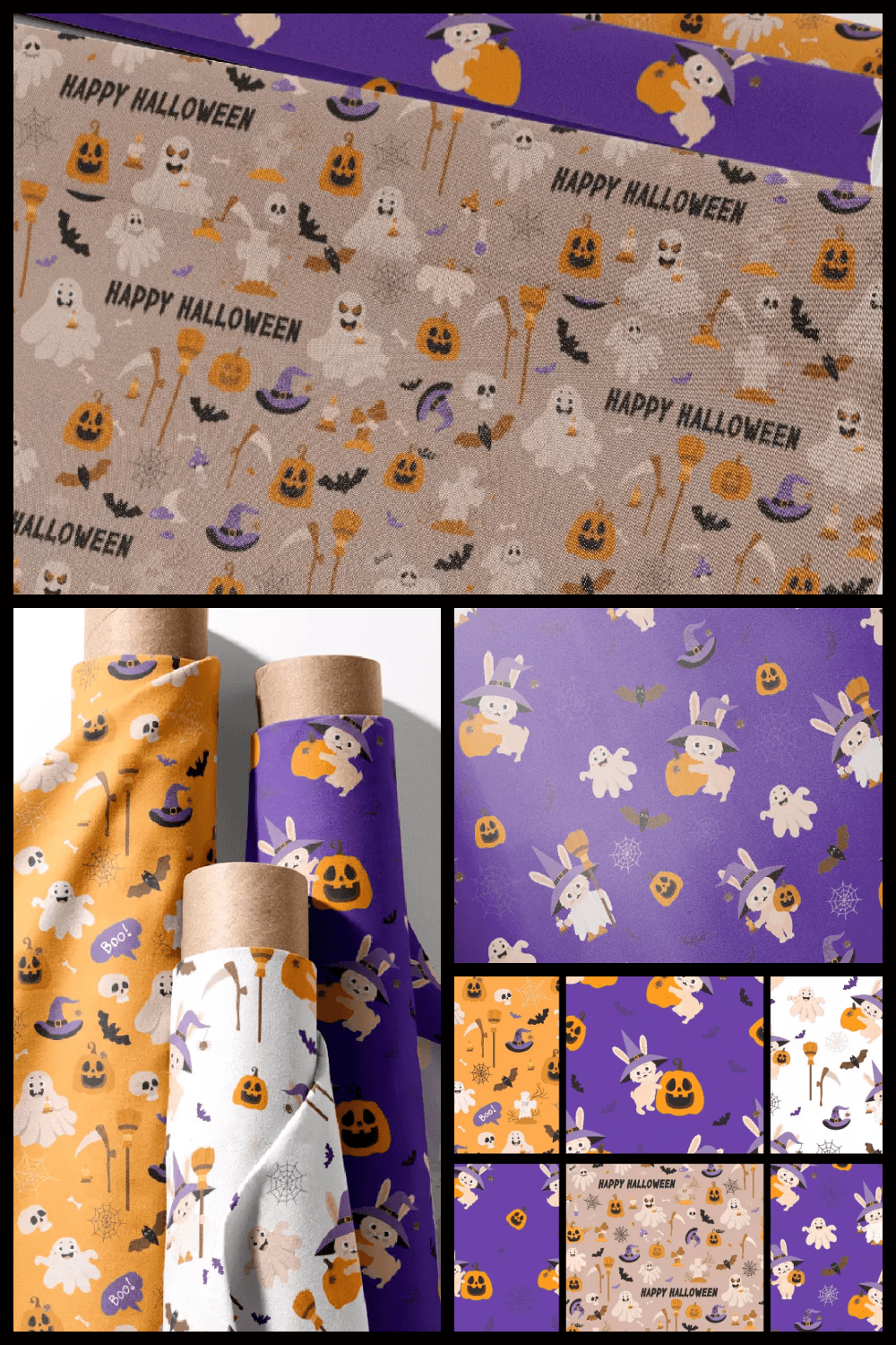 White, orange and purple wrapping paper rolls with Halloween symbols.