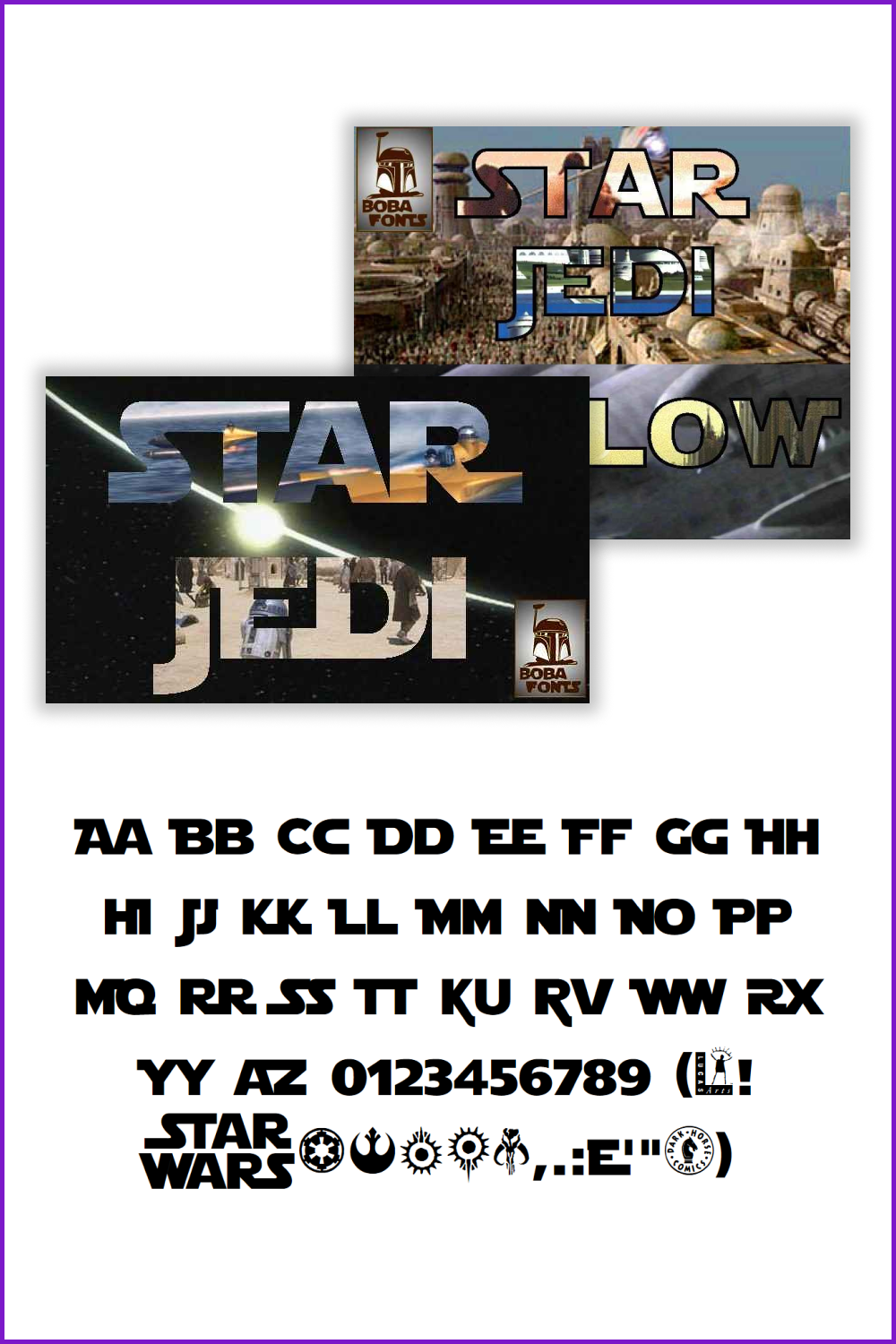 Collage with pictures from Star Wars and an example of a font.