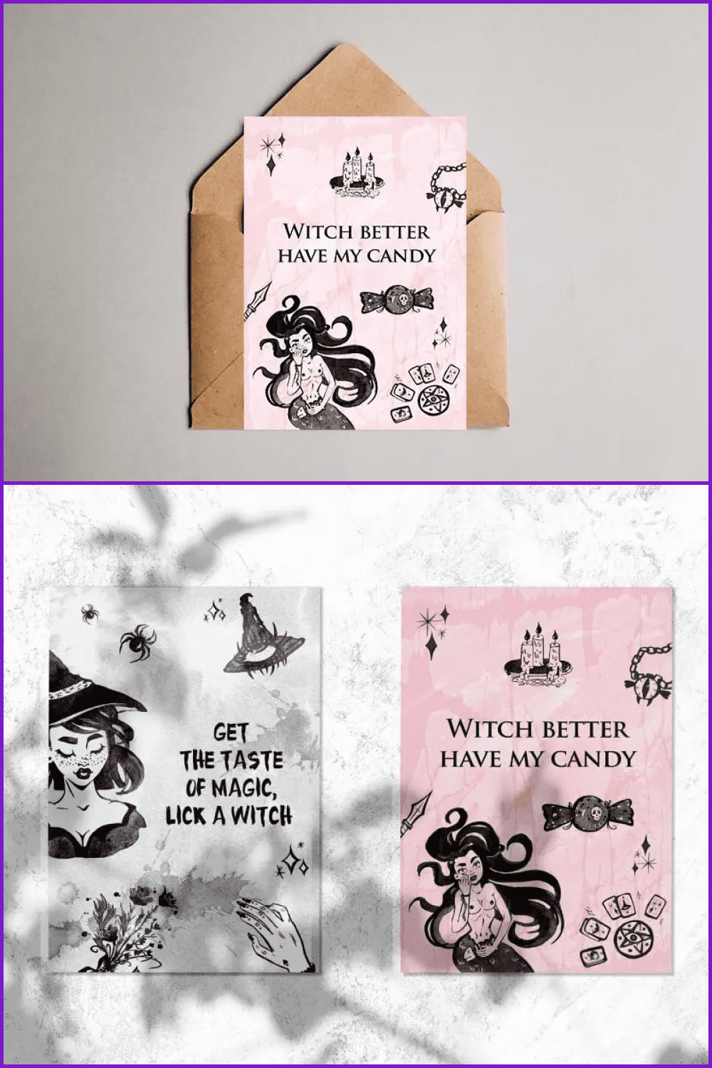 Vintage black and white Halloween cards with witches.