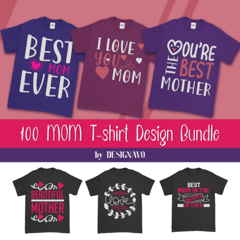 A set of bright t-shirts with a colorful print with inscriptions about mom.