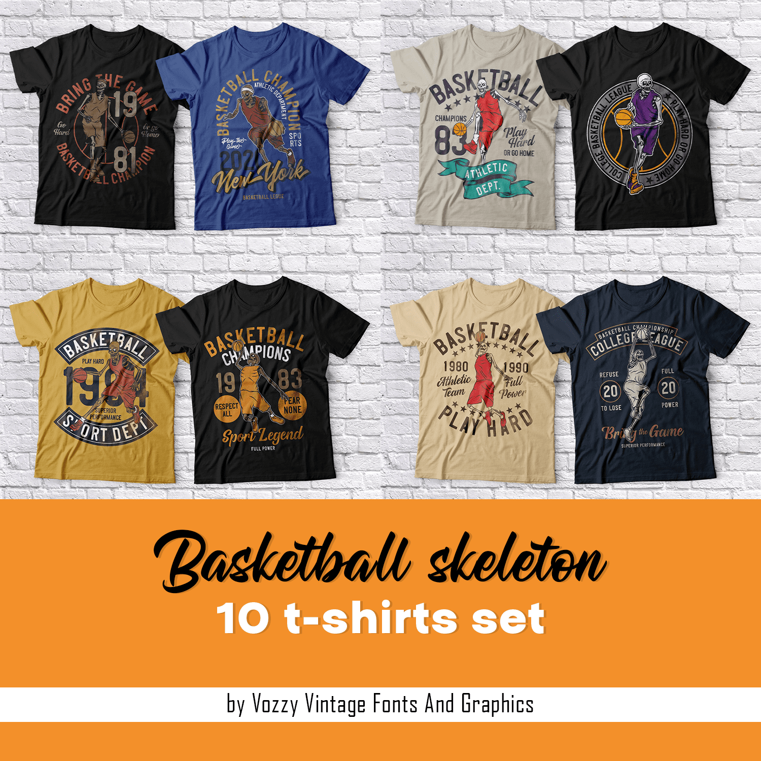 Basketball skeleton 10 t-shirts set cover.