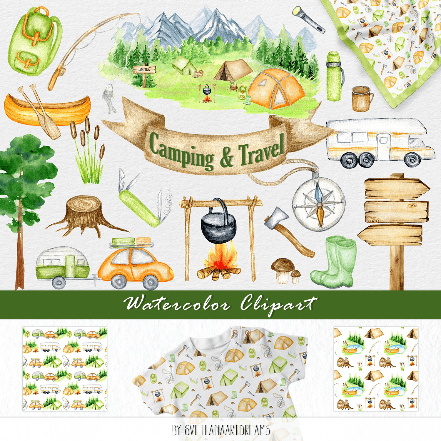 Camping & Travel Watercolor Clipart cover.