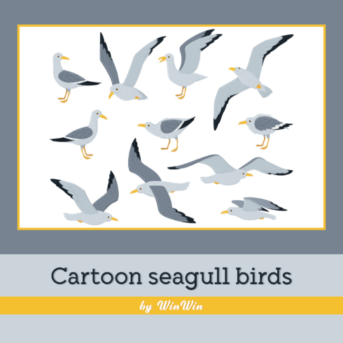 Cartoon seagull birds, sitting, flying and walking gulls bird.