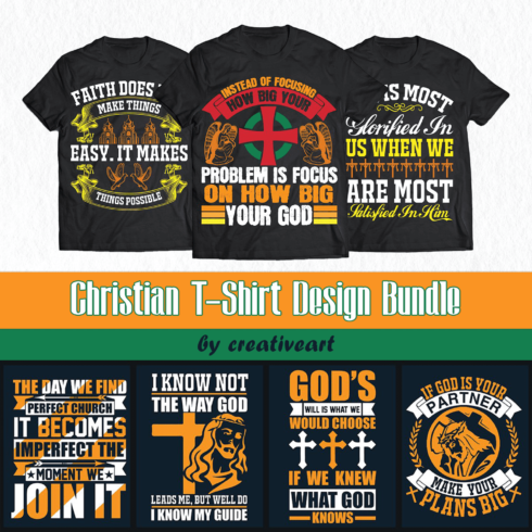 A set of black t-shirts with a great print on the theme of Christianity.