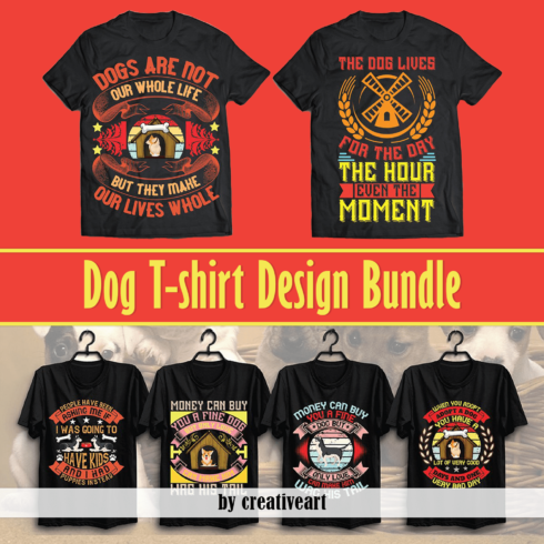 Set of black t-shirts with colorful dog print.
