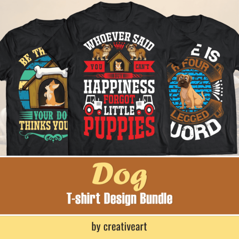 A set of black t-shirts with a great print with a funny dog.