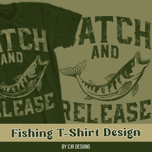 Dark green T-shirt with colorful predatory fish print.