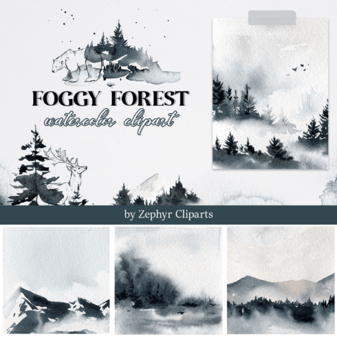 Foggy forest watercolor clipart - main image preview.