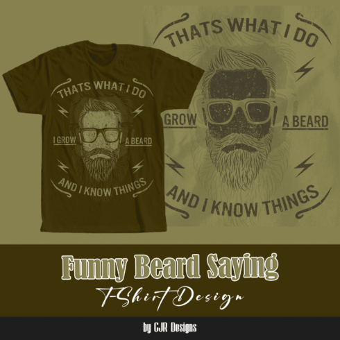 Dark green t-shirt with a colorful print of a brutal man with a beard.