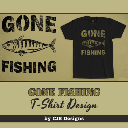 Black t-shirt with gorgeous fish print and "Gone fishing" slogan.