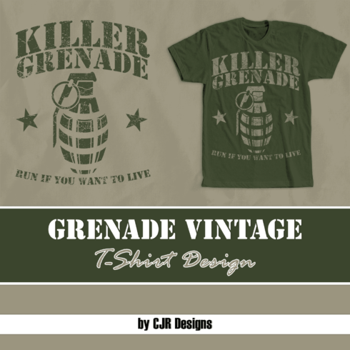 Green T-shirt with colorful grenade print and lettering.