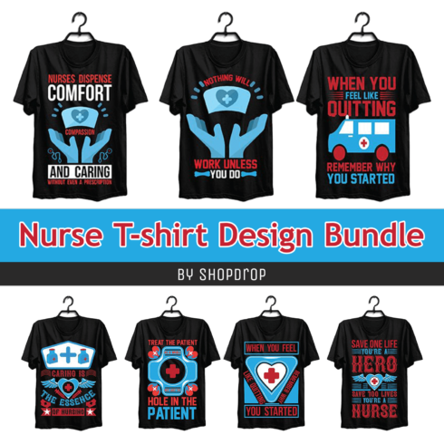 A set of black t-shirts with a gorgeous nurse work print.