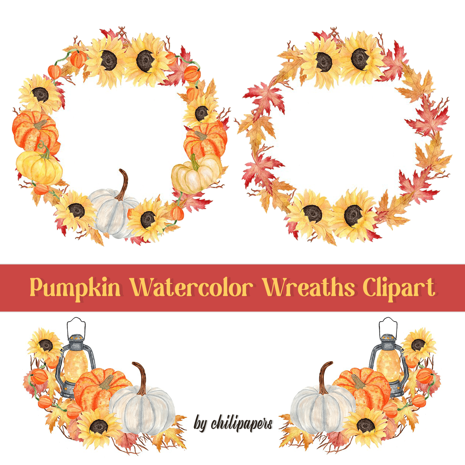 Pumpkin Watercolor Wreaths Clipart cover.
