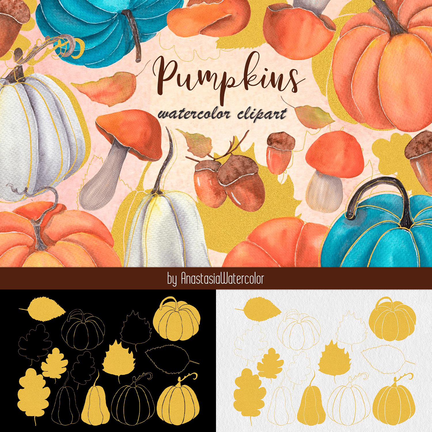 Pumpkins watercolor clipart.