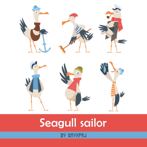 Seagull sailor. Cute funny sea or ocean bird in captain clot.
